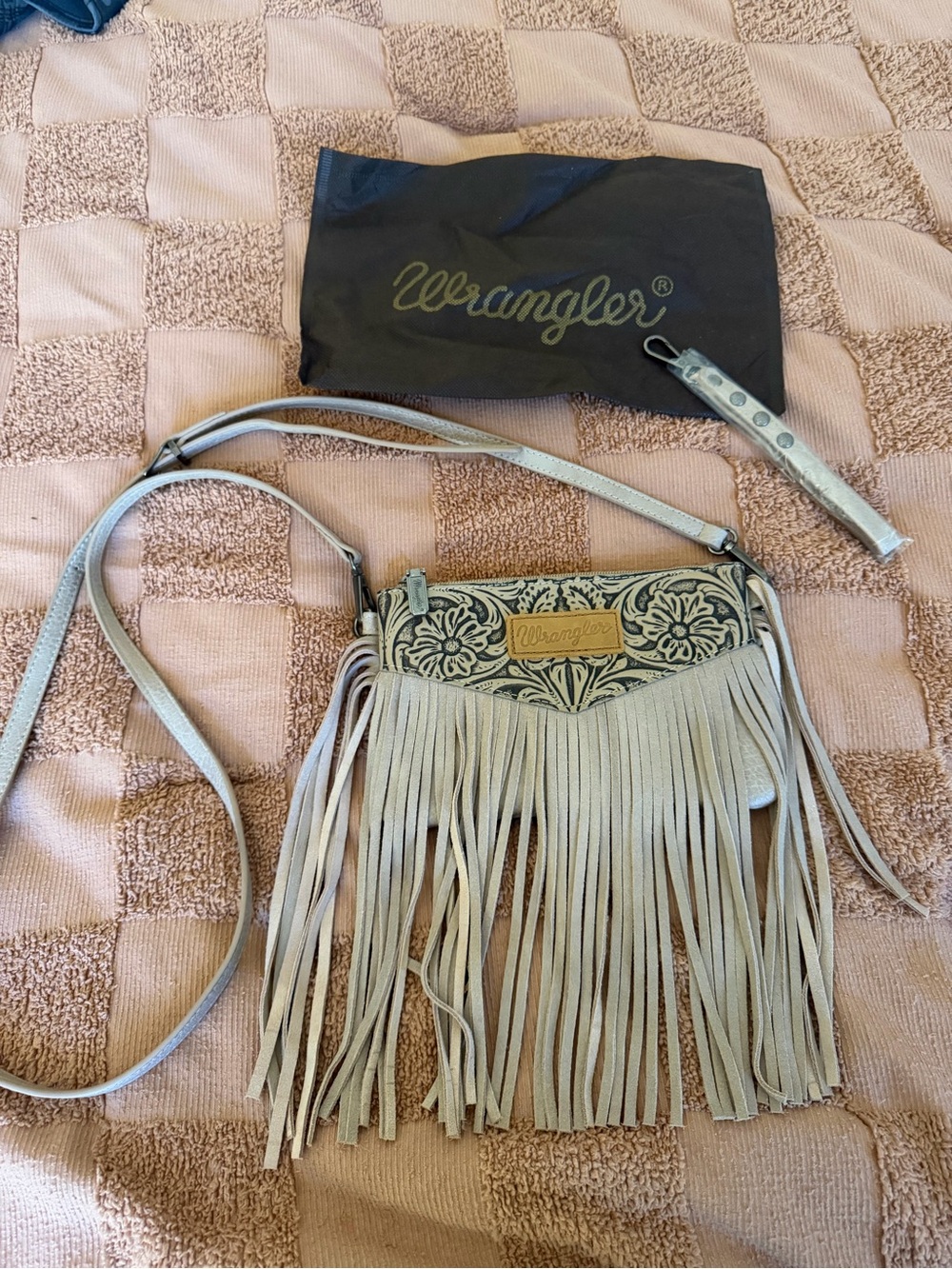 Wrangler Beige Fringe Crossbody with Floral Tooled Accent